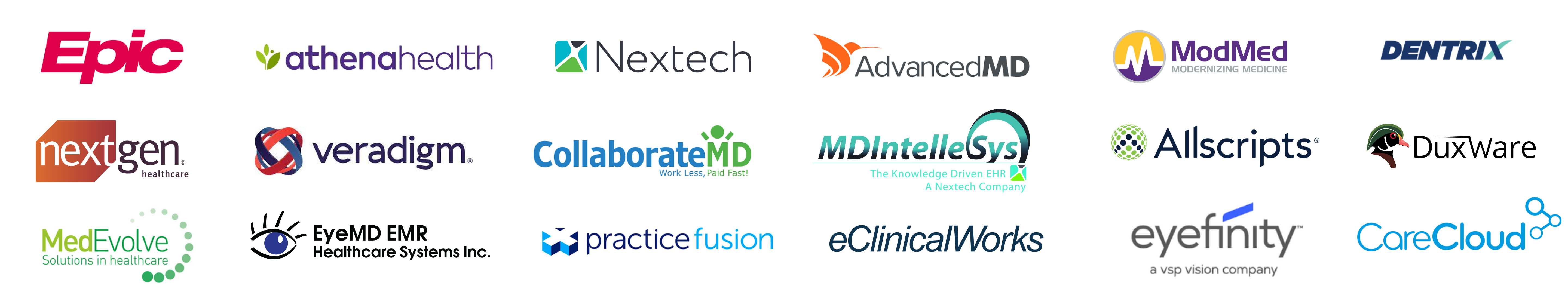 Epic, AthenaHealth, Nextech, AdvancedMD, ModMed, Dentrix, NextGen, Veradigm, CollaborateMD, MDIntelleSys, Allscripts, DuxWare, MedEvolve, EyeMD EMR, Practice Fusion, eClinical Works